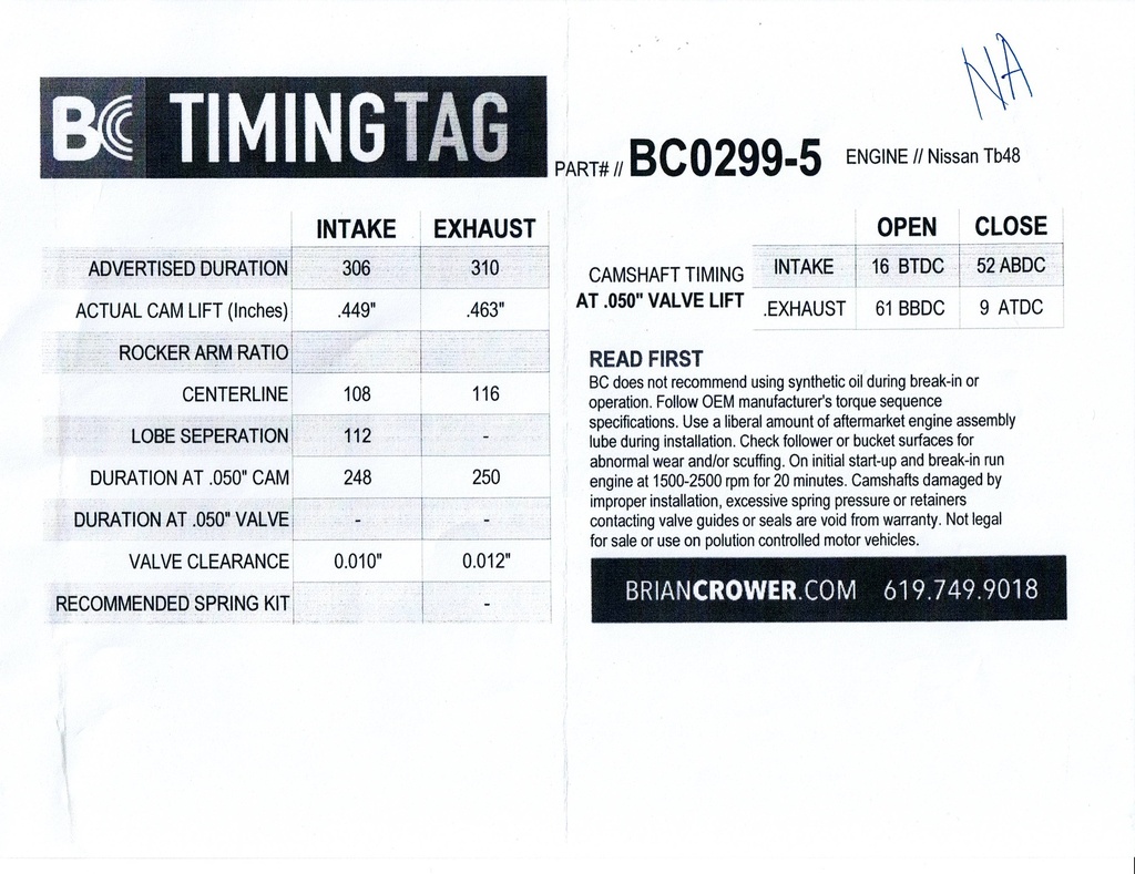 BC Camshaft TB48 Stage 5 NA