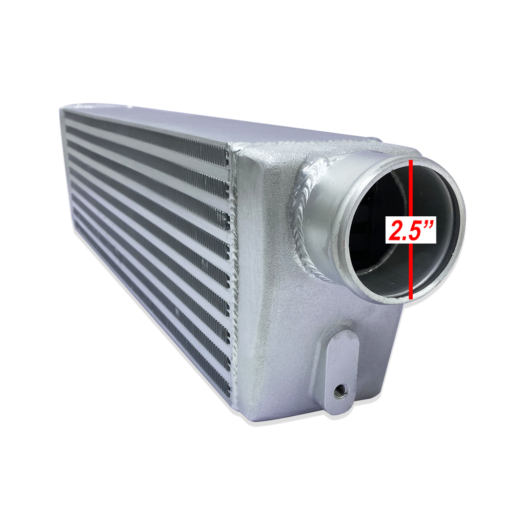 HF Intercooler Core Size, 6"x22"x3.5", Overall Length 28", 2.5" Inlet/Outlet, 600 CFM Flow Rate, 400 HP Efficient, Less than 2psi Pressure Drop at Max Flow, Less than 1psi Pressure Drop