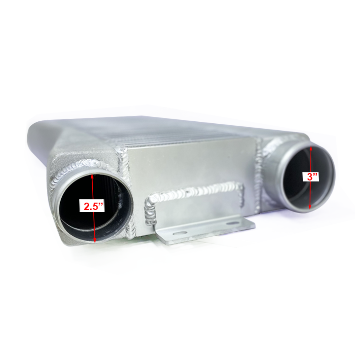 HF Intercooler Core Size, 25"x6"x3.5", Overall Length 28", 1-3" Outlet and 2-2.5" Inlets, 1453 CFM Flow Rate, 1000 HP Efficient
