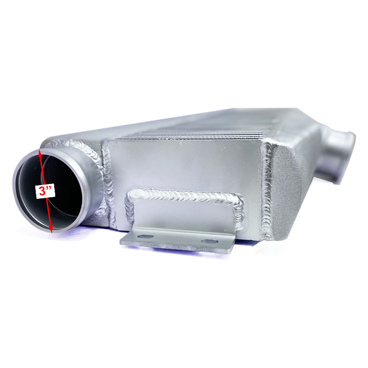 HF Intercooler Core Size, 25"x6"x3.5", Overall Size, 26.5"x11.5"x3.5", 1-3" Outlet and 1-3" Inlets, Passenger or Driver Side, Outlet is Angled 15 degrees Back Towards Engine, 1453 CFM Flow Rate, 968 HP Efficient, 1.5psi Pressure Drop at 1453 CFM