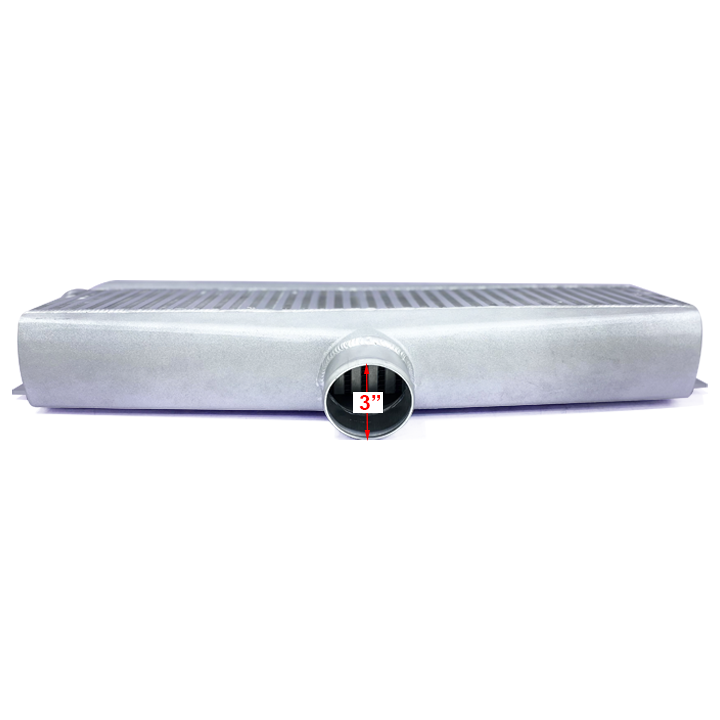 HF Intercooler Core Size, 25"x6"x3.5", Overall Size, 26.5"x11.5"x3.5", 1-3" Outlet and 1-3" Inlets, Passenger or Driver Side, Outlet is Angled 15 degrees Back Towards Engine, 1453 CFM Flow Rate, 968 HP Efficient, 1.5psi Pressure Drop at 1453 CFM
