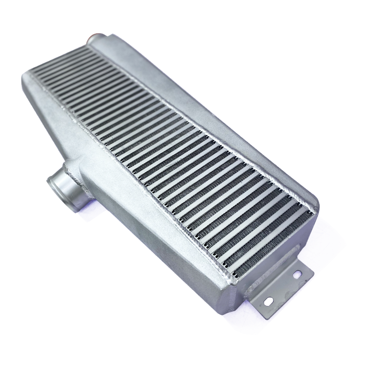 HF Intercooler Core Size, 25"x6"x3.5", Overall Size, 26.5"x11.5"x3.5", 1-3" Outlet and 1-3" Inlets, Passenger or Driver Side, Outlet is Angled 15 degrees Back Towards Engine, 1453 CFM Flow Rate, 968 HP Efficient, 1.5psi Pressure Drop at 1453 CFM