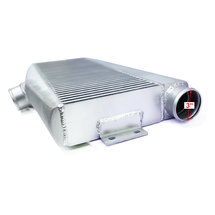 HF Intercooler Core Size, 25"x9"x3.5", 1-3" Outlet and 1-3" Inlets, Passenger or Driver Side, Outlet is Angled 15 degrees Back Towards Engine, 1950 CFM Flow Rate, 1300 HP Efficient, 2psi Pressure Drop at 1950 CFM
