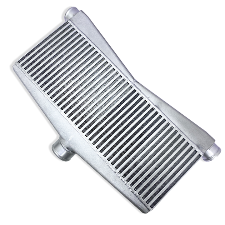 HF Intercooler Core Size, 25"x9"x3.5", 1-3" Outlet and 2-2.5" Inlets, Outlet is Angled 15 degrees, 1950 CFM Flow Rate, 1300 HP Efficient, 2psi Pressure Drop at 1950 CFM