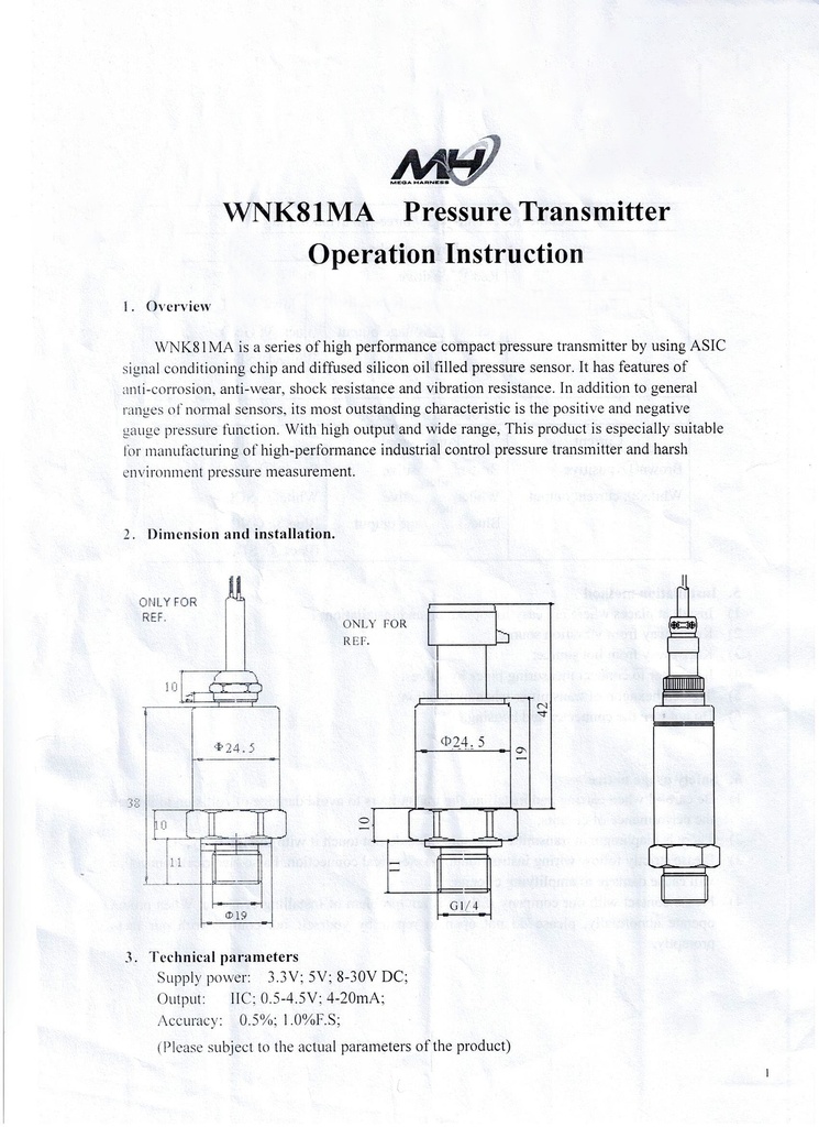 MH Gauge Pressure Sensor 1000 PSI/68 Bar