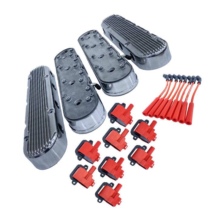 LS 2pc Aluminum Finned Cast Valve Cover, Included Spark Plug Wires & Coils