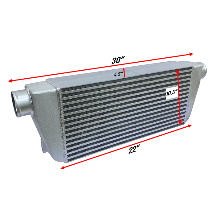 HF Intercooler Core Size, 10.5"x22"x4.5", Overall Length 30", 3" Inlet/Outlet, 1300 CFM Flow Rate, 860 HP Efficient