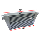 HF Intercooler Core Size, 12.5"x22"x4.5", Overall Length 30", Less than 2psi Pressure Drop at Max Flow, 3" Inlet/Outlet, 4.5" Core, 1469 CFM Flow Rate, 1000 HP Efficient, 1.5psi Drop