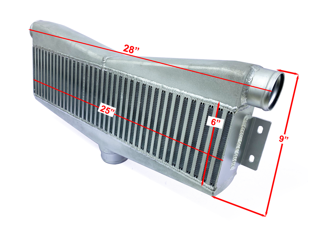 HF Intercooler Core Size, 25"x6"x3.5", 1-3" Outlet and 2-2.5" Inlets, Outlet is Angled 15 degrees, 1453 CFM Flow Rate, 968 HP Efficient