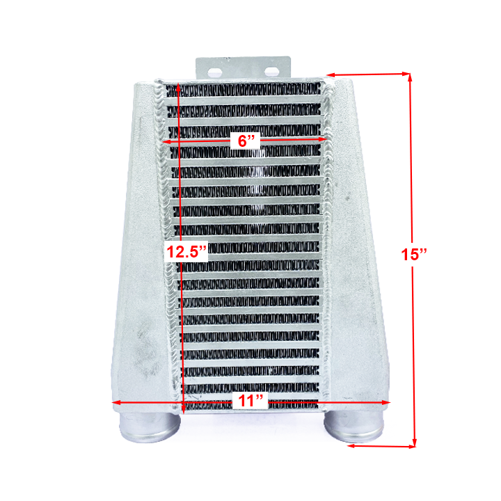 HF Intercooler Overall Size, 15"x11"x3.50", Core Size 12.5"x6.00"x3.50", 2.50" Inlet/Outlet, Bead Blasted Endtanks, 500HP Efficient