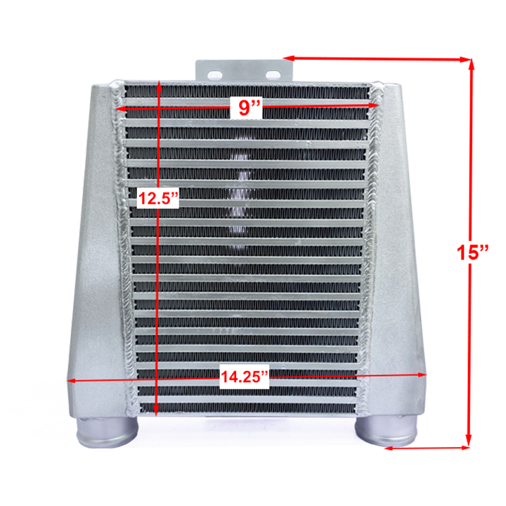 HF Intercooler Overall Size, 15"x14.25"x3.50", Core Size 12.5"x9.00"x3.50", 2.50" Inlet/Outlet, Bead Blasted Endtanks, 500HP Efficient