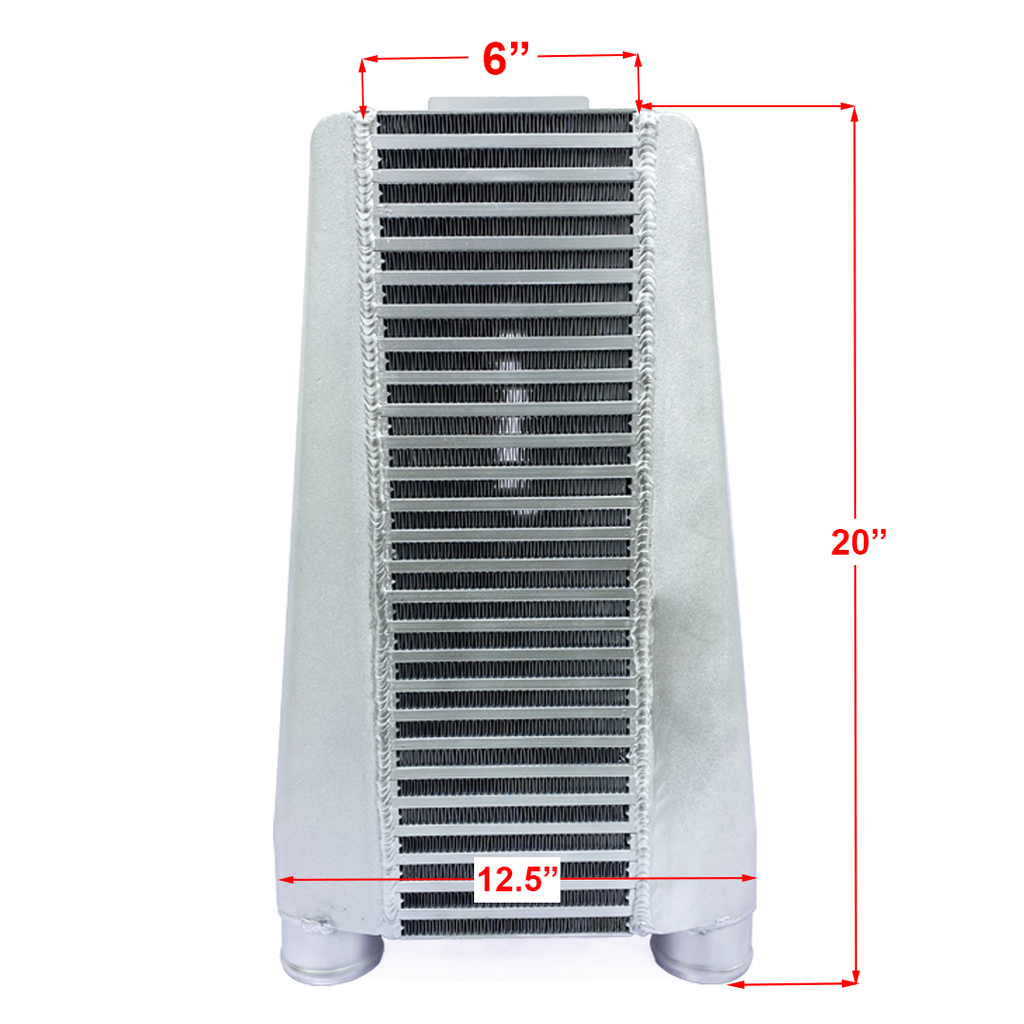HF Intercooler Overall Size, 20"x12.25"x3.50", Core Size 18.48"x6.00"x3.50", 2.50" Inlet/Outlet, Bead Blasted Endtanks, 720HP Efficient