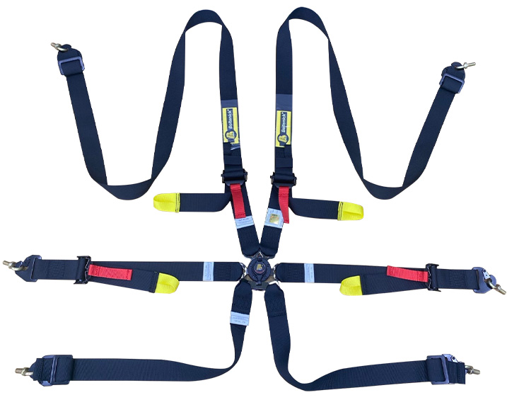 FIA 3" x 2" 6pt Cambuckle Seatbelt w/ Red Pull Straps, Yellow U-Loop