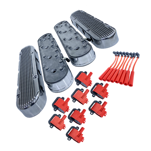 [VC8579-WCS] LS 2pc Aluminum Finned Cast Valve Cover, Included Spark Plug Wires & Coils