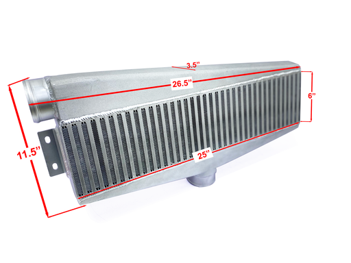 [TRST] HF Intercooler Core Size, 25"x6"x3.5", Overall Size, 26.5"x11.5"x3.5", 1-3" Outlet and 1-3" Inlets, Passenger or Driver Side, Outlet is Angled 15 degrees Back Towards Engine, 1453 CFM Flow Rate, 968 HP Efficient, 1.5psi Pressure Drop at 1453 CFM