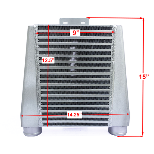 [TRV1259] HF Intercooler Overall Size, 15"x14.25"x3.50", Core Size 12.5"x9.00"x3.50", 2.50" Inlet/Outlet, Bead Blasted Endtanks, 500HP Efficient