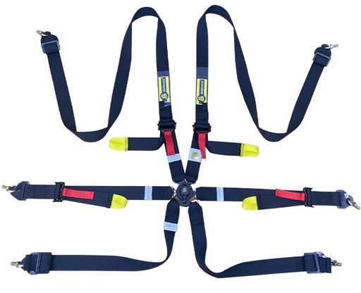 [RCU-1005] FIA 3" x 2" 6pt Cambuckle Seatbelt w/ Red Pull Straps, Yellow U-Loop